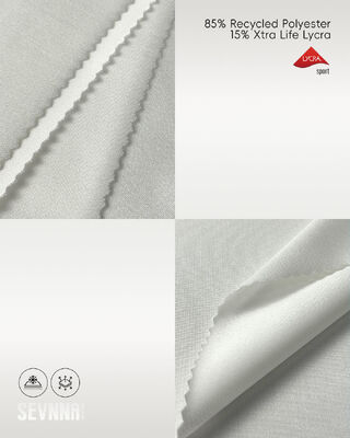 リサイクルポリエステル85%のストレッチライクラ生地、UVカット、吸湿速乾性でアクティブウェアや水着に最適